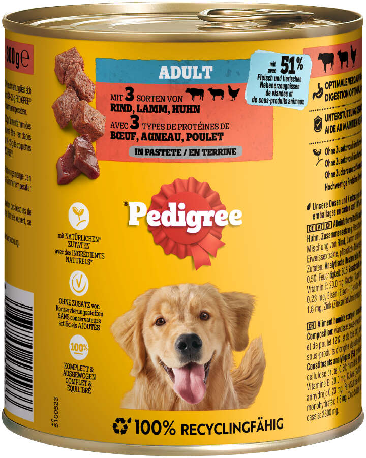 Pedigree Hunde-Nassfutter Adult 3 Sorten Rind, Lamm, Huhn in Pastete